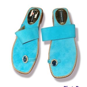 NEW Constanca Basto One Finger Suede Genue Leather Turquoise 💎 Flats Sandals
